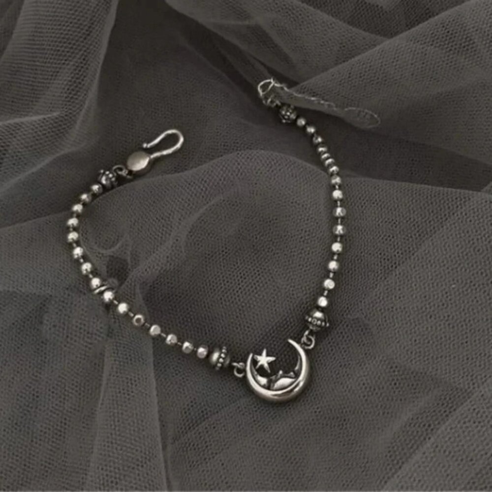Sterling Silver Moon & Star Beaded Bracelet